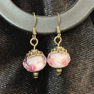 Bohemian Boho Victorian 1928 Style Pink Floral Glass Bead Earrings New